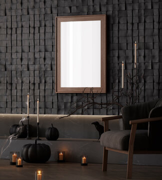 Spooky Halloween Poster Mockup in Dark Gothic Interior with Pumpkins, Raven and Smoke, 3d rendering
