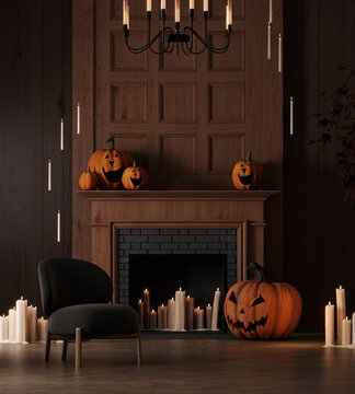 Dark Halloween Interior with Fireplace, Jack O Lantern Pumpkins and Glowing Candles, 3d rendering