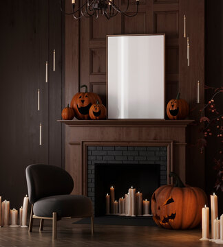 Halloween Poster Mockup Above Fireplace with Jack O Lantern Pumpkins and Candles, 3d rendering
