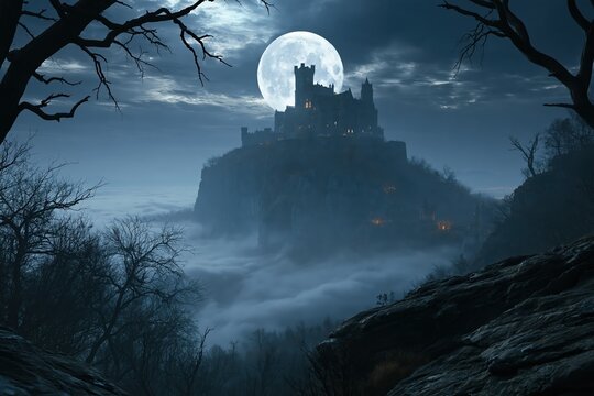 A majestic medieval castle perched on a high cliff under a glowing full moon in the night sky