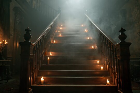 An old wooden staircase illuminated by flickering candles disappearing into a dense dark fog