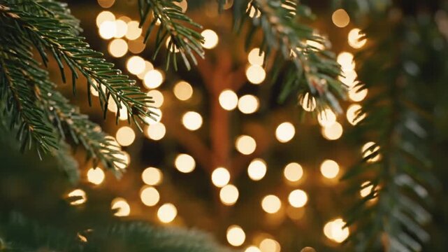 Closeup of evergreen pine tree branches with warm glowing christmas lights in the background