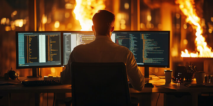 A dedicated programmer sits in a dark office at night, working intensely in front of multiple computer monitors displaying code while bright flames engulf the windows behind them, symbolizing crisis d