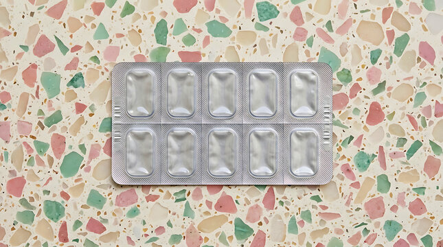 Empty silver pill blister pack resting on a colorful modern terrazzo stone surface.
