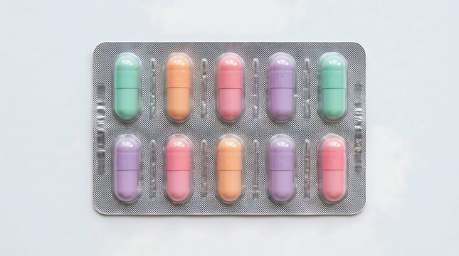 Ten colorful medical pills in a silver blister pack for health and treatment care.