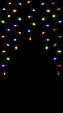 Colorful Christmas String Lights Hanging Blinking on Top Border Isolated Alpha Channel Loop Animation for New Year and Holiday and Birthday Videos Overlay Vertical Social media Motion design element