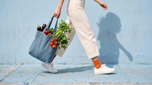 Woman walking with sustainable fabric tote bag filled with fresh organic vegetables