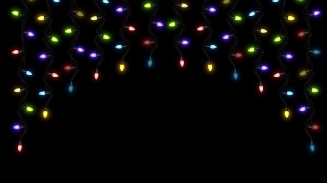 Colorful Christmas String Lights Hanging Blinking on Top Border Isolated Alpha Channel Loop Animation for New Year and Holiday and Birthday Videos Overlay Motion design element