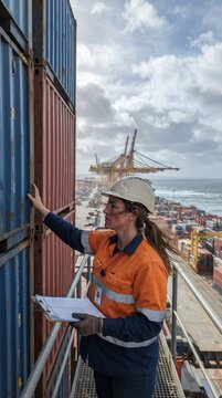 Female Inspector Checking High Shipping Container Stacks at Port