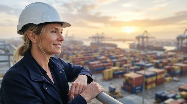 Female Engineer Looking at Stacked Shipping Containers at Sunset
