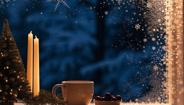 Candles and coffee cup by snowy window