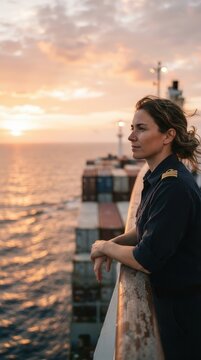 Female Captain Standing on Ship Deck at Sunset Horizon
