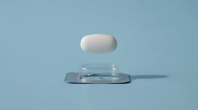 A single white pill floating above its empty silver blister pack on blue surface.