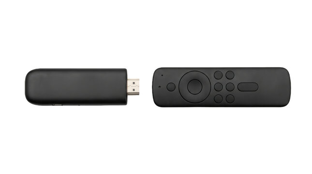 Black streaming media player stick and remote control  on white  on transparent background