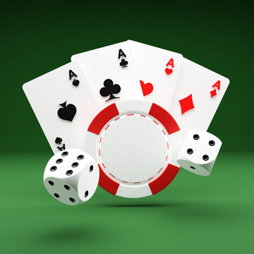 Casino chips and cards on green playing table. Casino or poker concept