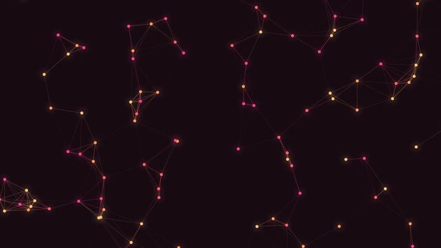 Interconnected glowing nodes and lines forming a complex digital network constellation against a deep dark background.