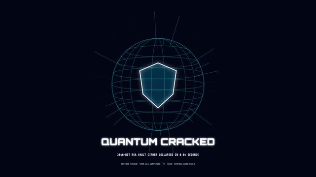 Sci-fi shield defense icon glowing on a dark terminal confirming "QUANTUM CRACKED" encryption decryption. Ideal for cryptography breakdowns, future defense breach concepts, and advanced tech reveals