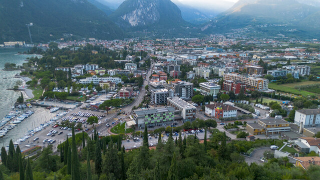 Italy, the town of Riva del Garda on Lake Garda. View from above.