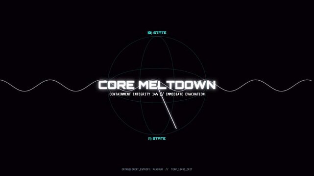 Dark technical dial gauge pointing to an imminent "CORE MELTDOWN" with structural collapse indicators. Perfect for industrial reactor failures, sci-fi powerplant malfunctions, and danger states