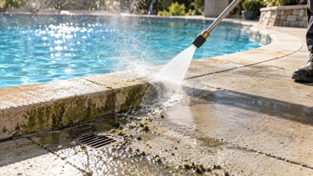 Pressure washer spray cleaning algae from pool deck coping, deck cleaning action banner copy space
