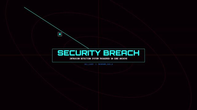 Tactical telemetry HUD frame highlighting an active "SECURITY BREACH" with target tracking lines. Perfect for aerospace intercepts, satellite surveillance breaches, and defense monitoring