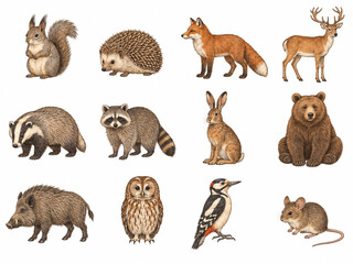 Obraz premium Woodland animals collection. Hand drawn squirrel, hedgehog, fox, deer, bear, owl and forest wildlife. Vintage natural history illustrations in warm earthy colors with pencil texture, isolated on white