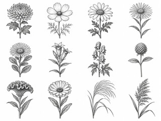 Fototapeta premium Autumn flowers and meadow grasses collection. Hand drawn chrysanthemums, cosmos, daisies and wild plants. Vintage black and white botanical illustrations in engraved style, isolated on white 