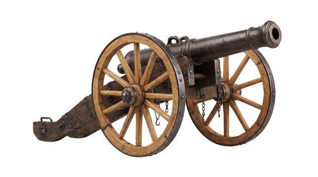 Antique iron cannon on wooden carriage, vintage artillery field gun with large spoked wheels, historic military weapon for museum and reenactment isolated PNG with Transparent Background