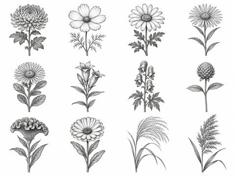 Autumn flowers and meadow grasses collection. Hand drawn chrysanthemums, cosmos, daisies and wild plants. Vintage black and white botanical illustrations in engraved style, isolated on white
