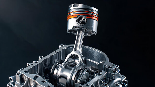 A detailed view of an engine piston, connecting rod, and crankshaft assembly, key components of an internal combustion engine.