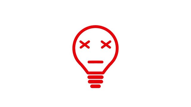 Red outline light bulb with a sad face representing lack of ideas, creative block, confusion, and frustration.