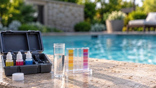 Pool water pouring into test vial on deck beside open kit, water testing action banner copy space