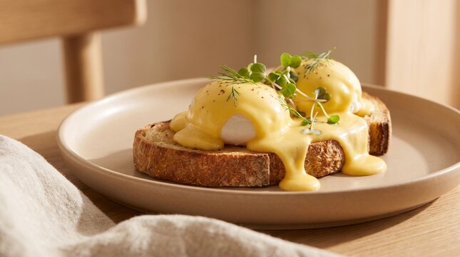 Close-up of classic eggs benedict with dripping hollandaise sauce and microgreens on sourdough toast.