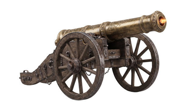 Antique bronze cannon on wooden carriage, vintage artillery field gun, historical military weapon with weathered metal texture isolated PNG with Transparent Background
