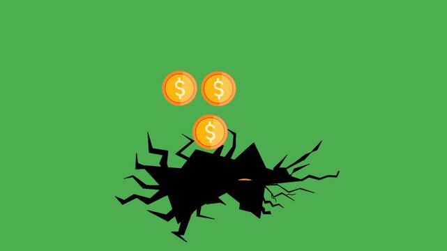 Money falling through a broken floor representing financial loss, bankruptcy, debt, and economic instability.