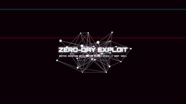 Abstract interconnected neural node network compromised by a tactical "ZERO-DAY EXPLOIT". Suitable for artificial neural network hacks, advanced vulnerability detection, and research graphics.