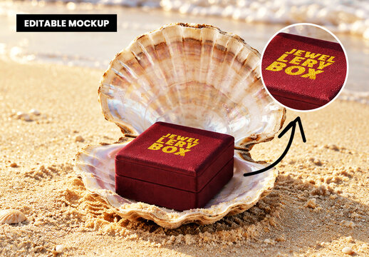 Luxury Jewelry Box in Open Seashell on Sandy Beach Product Mockup