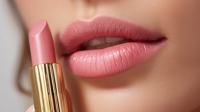 Close-up of a woman applying a pink matte lipstick on her lips.