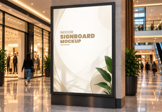Vertical Advertising Signboard Mockup In Luxury Retail Mall