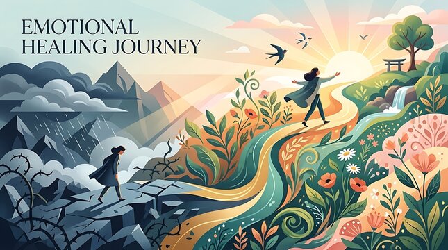 Person walking from a dark stormy landscape toward a bright sunny floral path representing emotional healing and personal growth