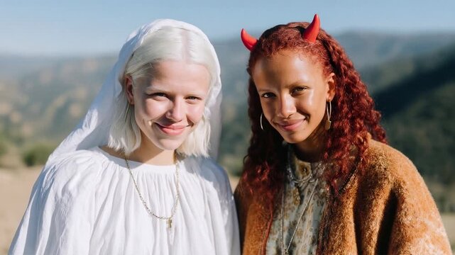 Two young women pose together as contrasting angel and devil characters, one with white hair and veil, the other with red hair and horns, creating a playful fantasy portrait