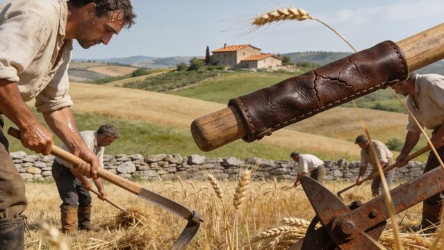 Farmers Harvesting Wheat in Tuscan Field with Traditional Hand Tools and Scythes