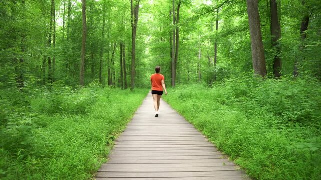 Person walks away along wooden boardwalk through dense green forest, moving deeper into tree-lined path while orange shirt stands out against lush foliage and soft daylight