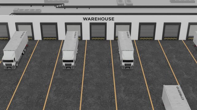 3D Low Poly Warehouse Loading Docks with Semi-Trucks and Cargo Trailers Animation
