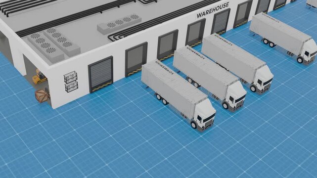 3D Low Poly Isometric Warehouse Logistics Center with Semi-Trucks and Loading Docks Animation