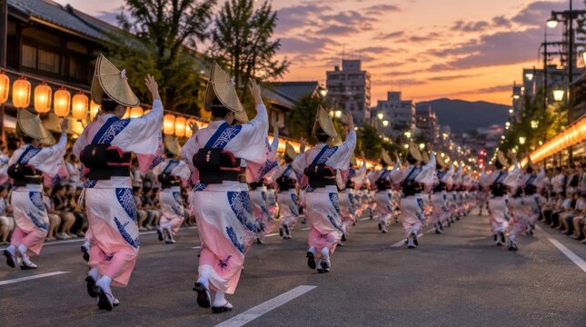 Traditional dancers wearing conical hats perform synchronized street parade