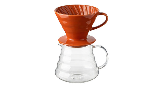 Orange ceramic coffee dripper on glass carafe  on transparent background