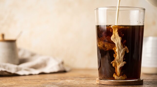 Milk pouring into cold brew coffee in a clear glass