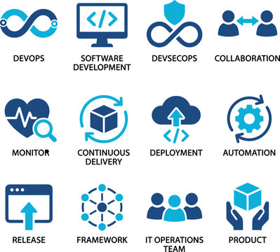 DevOps and software development icon set, 12 blue flat vector symbols for IT operations, automation and continuous delivery workflow elements