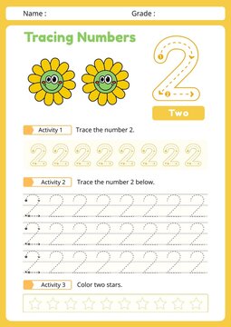 Educational math worksheet for children to practice writing, counting, and tracing the number two (2). Printable handwriting and number recognition activity page designed for preschool, kindergarten, 